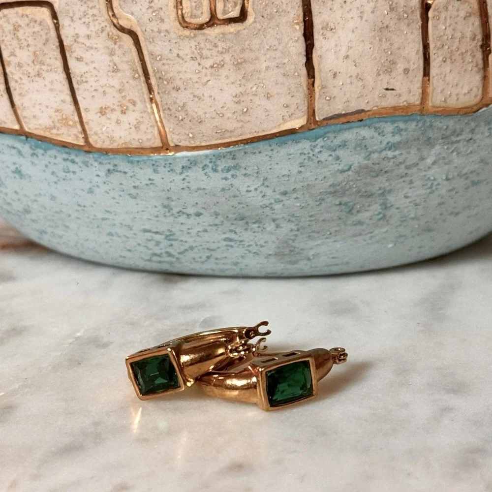 Gold Hoop Earrings with Emerald Green Stone - Picture 3 of 4